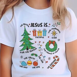 Jesus Is White Kids Tee size 5-6 years white with multicolor holiday prints nip